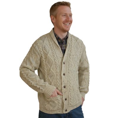 Traditional mens Aran cardigan with shall collar detail. 2 pockets. Classic cable stitch design