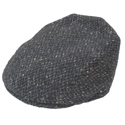 Traditional Irish tweed wool cap in Mid Grey pattern 382A. A Donegal tweed weight fabric woven with mid grey fleck warp and midnight blended weft.