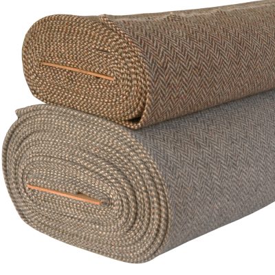 Heavy weight wool tweed fabric in traditional herringbone design. Putty warp with brown weft 520G and grey warp 520P