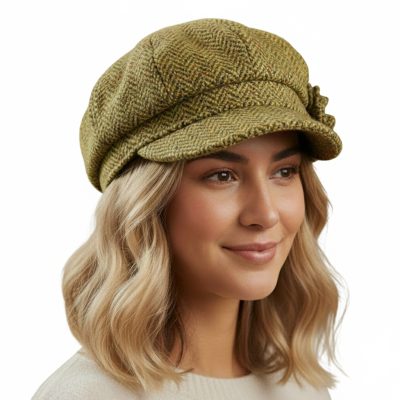 Ladies cap woven in quality kerry tweed. Kerry Gold herringbone TH43. Elastic feature on rim for comfort fit