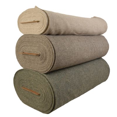 Tweed fabric stack of LB colour range. Light oatmeal warp (LB3) with Mid jacob weft (LB1) and Green fleck weft (LB2)