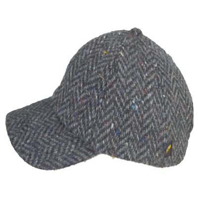 Irish tweed baseball cap spun and woven in Kerry Ireland. Herringbone pattern 519A of charcoal and mid grey.