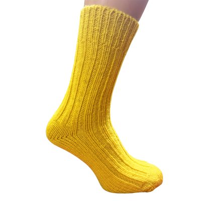 100% pure new wool sock in bright uplifting yellow. Mid height. Thick wool sock suitable for hiking ang walking.
