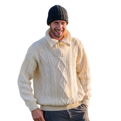 Aran sweater with 1/4 zip collar. Knit with natural Jacob sheep wool for pattern definition.